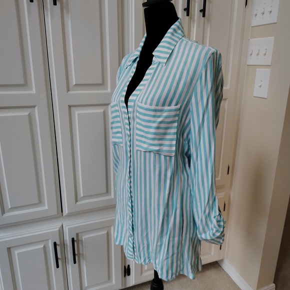 RUBY RD Women's M Striped‎ Long Sleeve Button Up Shirt Roll Tab Teal White Rayon - Picture 6 of 12